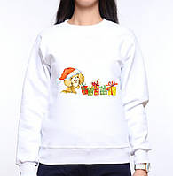 Жіночий світшот з оригінальним принтом Цуценя в новорічній шапці з подарунками Push IT S, Білий