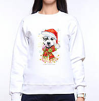 Жіночий світшот із оригінальним принтом Собака в новорічній шапці з мовою Push IT XS, Білий