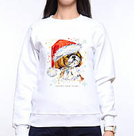 Жіночий світшот із оригінальним принтом Собака у новорічній шапці "Happy new year!" Push IT XS, Білий