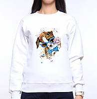 Жіночий світшот з оригінальним принтом Собака в окулярах синіх та метелику Push IT XS, Білий