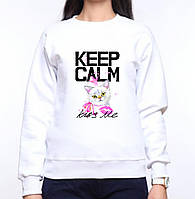 Жіночий світшот із оригінальним принтом Кошеня "KEEP CALM & kiss me" Push IT XS, Білий