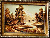 Картина пейзаж из янтаря Домик возле реки, Картина пейзаж з бурштина Будинок біля річки