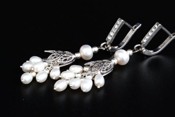 Сережки родій з натуральними перлами "Б'янка" Родовані сережки Vikamaster Довжина 55 мм