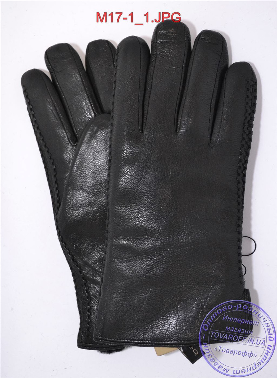 Оптом чоловічі зимові рукавички з оленячої шкіри на цигейке (натуральний чорний хутро) - №M17-1