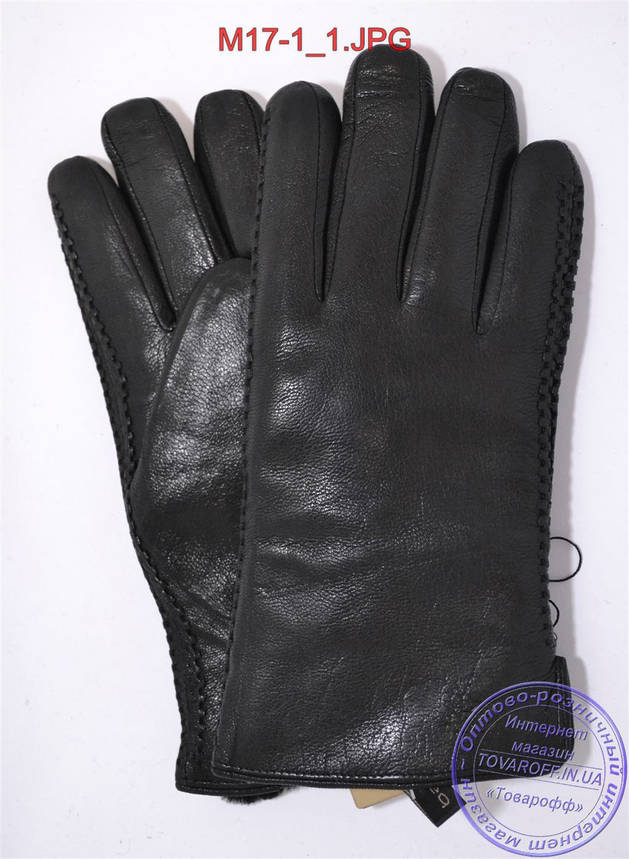 Оптом чоловічі зимові рукавички з оленячої шкіри на цигейке (натуральний чорний хутро) - №M17-1, фото 1
