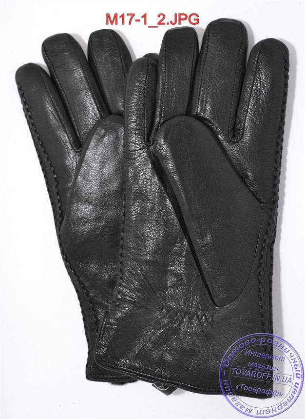 Оптом чоловічі зимові рукавички з оленячої шкіри на цигейке (натуральний чорний хутро) - №M17-1, фото 2
