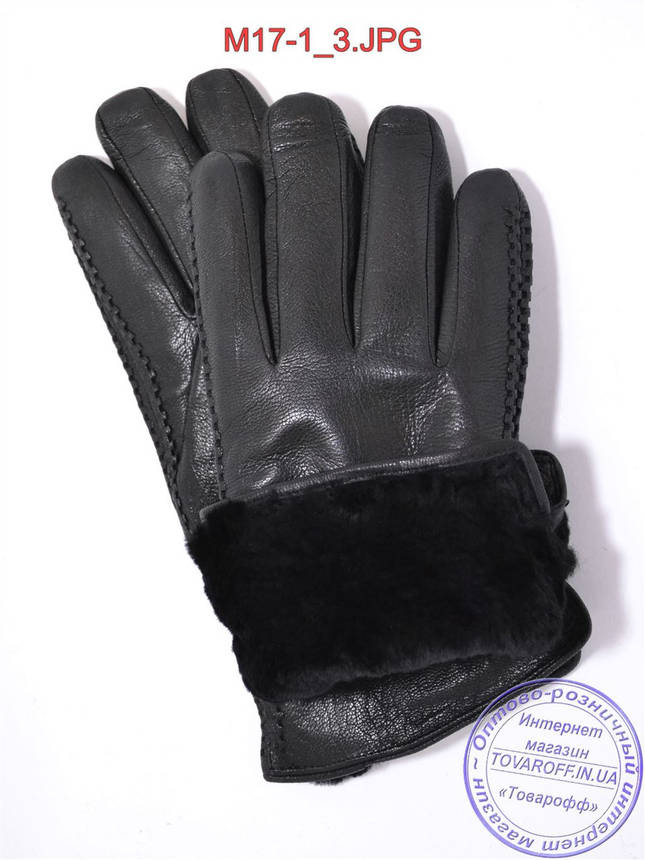 Оптом чоловічі зимові рукавички з оленячої шкіри на цигейке (натуральний чорний хутро) - №M17-1, фото 3