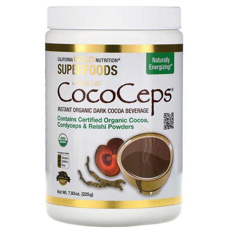 California Gold Nutrition, CocoCeps, SUPERFOODS, органічне какао, кордицепс і рейші, 225 г