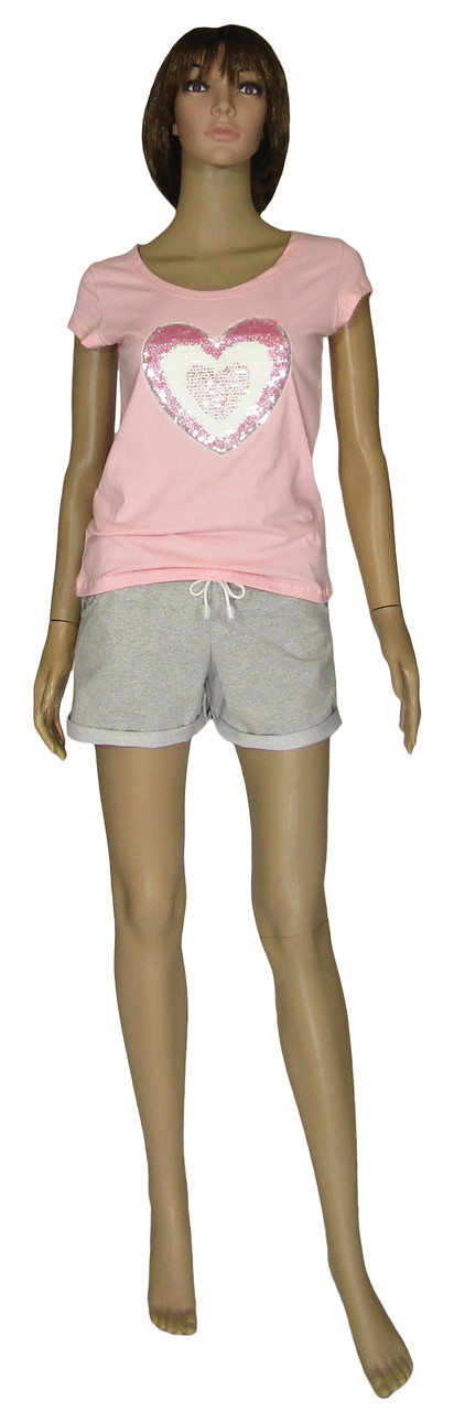 Спортивний костюм жіночий літній трикотажний з вишивкою, футболка та шорти 20021 Heart Рожево-сірий