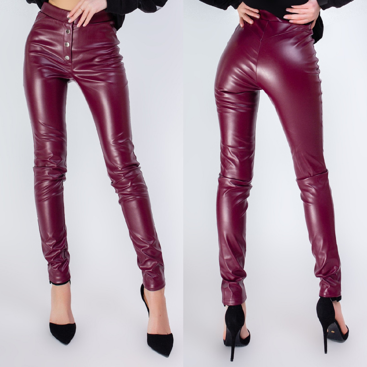 Стильные кожаные модные облегающие женские узкие брюки-легенсы (р.42-48). Арт-3518/13 - фото 1 - id-p1176502516