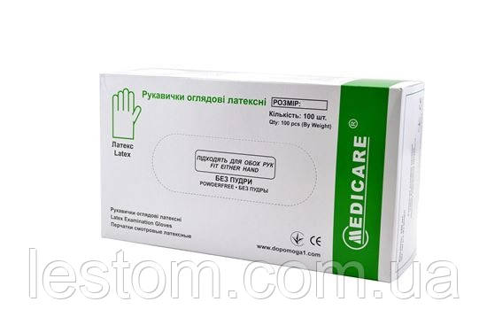 Рукавички оглядові латексні MEDICARE (нестерильні,без пудри, хлоровані, текстуровані) розмір L