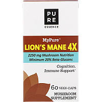 Pure Essence, Экстракт органического гриба ежовика гребенчатого MyPure, Lion's Mane 4X, 60 капсул