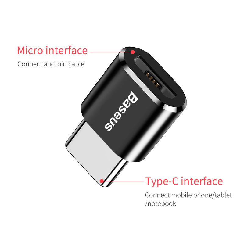 Перехідник адаптер із Micro USB на Type-C BASEUS mini (2.4A, OTG). Black, фото 1