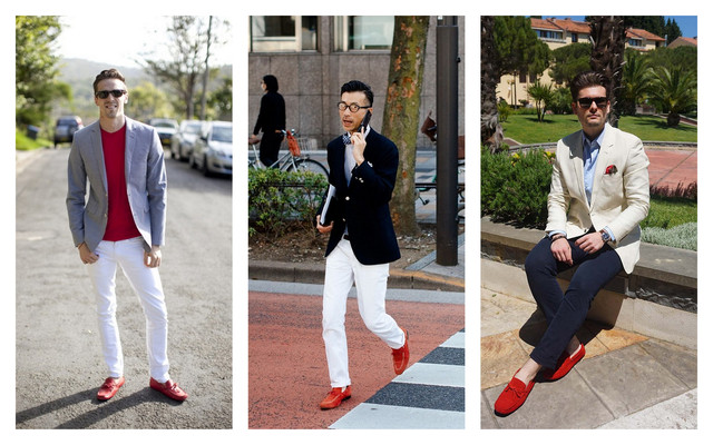 Стильні чоловіки в червоних мокасинах З чим носити червоні мокасини