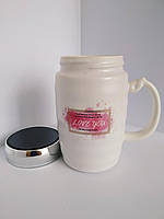 Керамическая подарочная белая чашка Love, кружка для чая с рисунком зеркальной термокрышкой