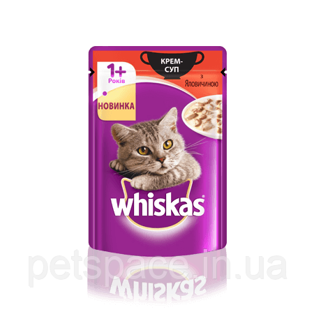 Вологий корм Whiskas 1+ (Віскас крем-суп з яловичиною для дорослих котів), 100г.