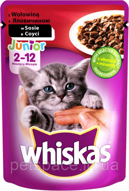 Вологий корм Whiskas Junior (Віскас з яловичиною у соусі для кошенят), 100г., фото 1