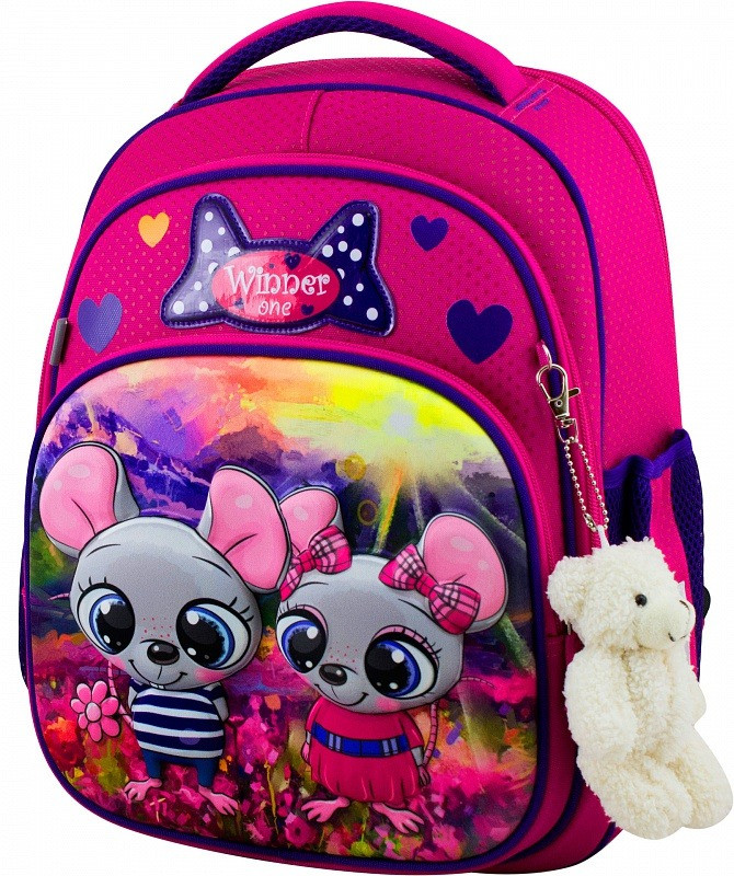 Рюкзак шкільний для дівчинки ортопедичний каркасний 1-4 класу Winner One Мишата 7004 рожевий 29*17*36 см