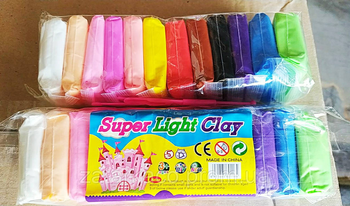 Маса для ліплення легкий пластилін Super light clay набір 12 штук різні кольори липака моделі