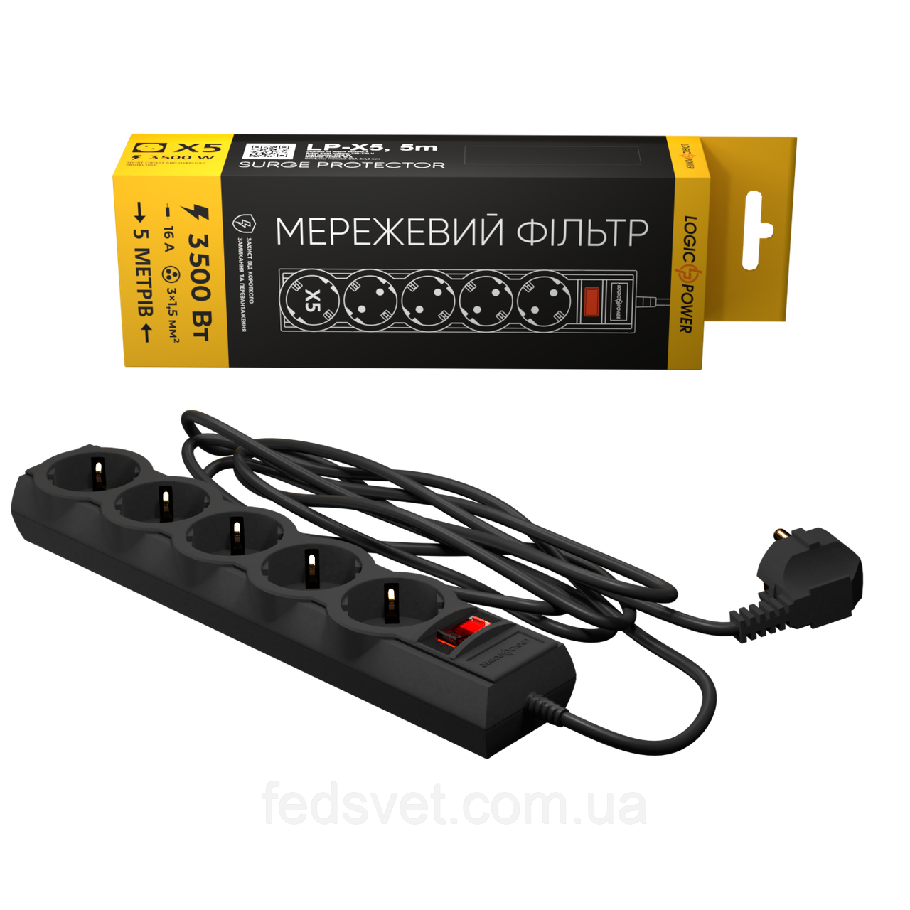 Мережевий фільтр-удлиннитель LP-X5 PREMIUM, 5 m Black (3500 вт)