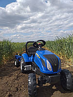 Детский синий трактор педальный с прицепом от 2 до 5 лет FALK NEW HOLLAND с открывающимся капотом Франция