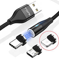 Магнитный кабель зарядка TOPK AM60 LED 18W USB - Lightning (iPhone) 100 см в оплетке для быстрой зарядки 3A