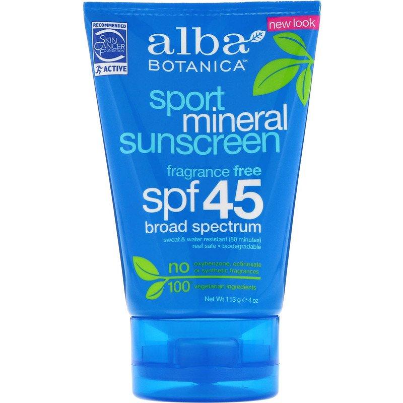 Alba Botanica, Сонцезахисний крем мінеральний Sport Mineral Sunscreen, SPF 45 113 г made in USA
