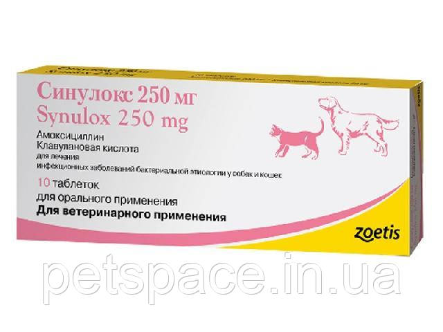 Таблетки для собак і котів Synulox (Сінулокс для лікування інфекційних захворювань) 1т./250мг.