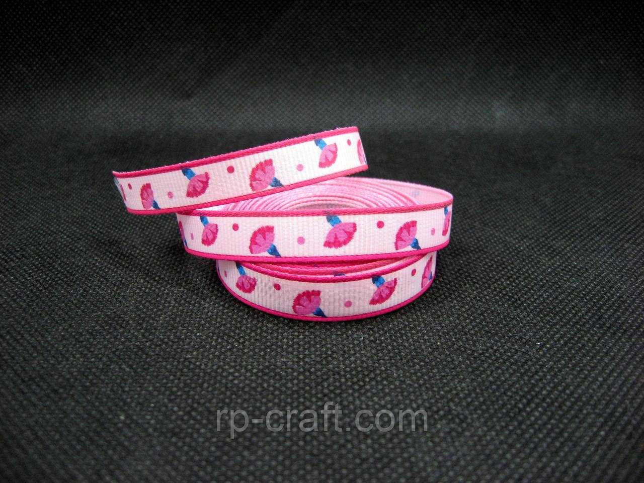 Стрічка репсова. Рожеві гвоздики, 10 мм, фото 1