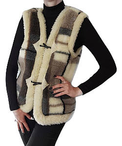 Тепла вовняна безрукавка з овчини (Еко-шерсть) хутряна жилетка Жіноча Клітина 58-60