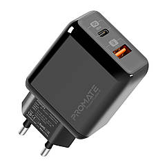 Мережевий зарядний пристрій Promate PowerCube-2 18Вт Type-C PD + USB QC 3.0 Black (powercube-2.black)