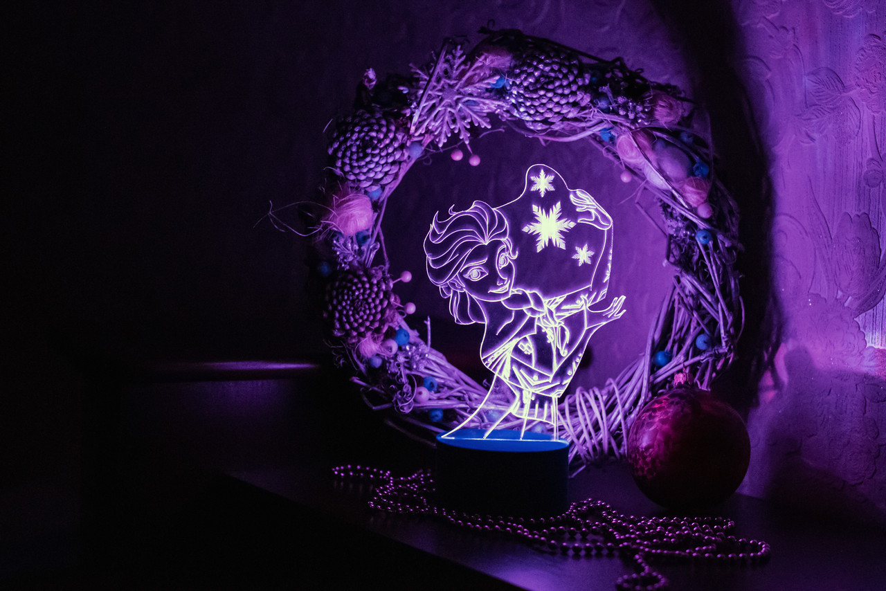 3d-світильник Ельза Frozen, 3д-нічник, кілька підсвічувань (батарейка+220В), фото 1