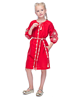 Платье* выполнено из льна красного цвета "Иванна" модельный пошив с вышивкой рост 116 см