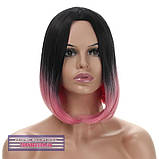 Перука каре без чубчика Sheri AT термоволосся, омбре чорний з переходом у рожевий колір, фото 2
