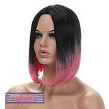 Перука каре без чубчика Sheri AT термоволосся, омбре чорний з переходом у рожевий колір, фото 4