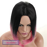 Перука каре без чубчика Sheri AT термоволосся, омбре чорний з переходом у рожевий колір, фото 3