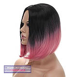 Перука каре без чубчика Sheri AT термоволосся, омбре чорний з переходом у рожевий колір, фото 5