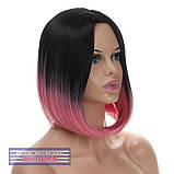 Перука каре без чубчика Sheri AT термоволосся, омбре чорний з переходом у рожевий колір, фото 7