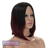 Перука каре без чубчика Sheri AT термоволосся, омбре чорний з переходом в індіансько-червоний колір, фото 6