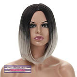 Перука каре без чубчика Sheri AT термоволосся, омбре чорний з переходом в білий колір, фото 2