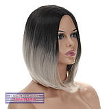 Перука каре без чубчика Sheri AT термоволосся, омбре чорний з переходом в білий колір, фото 7