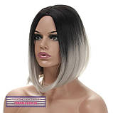 Перука каре без чубчика Sheri AT термоволосся, омбре чорний з переходом в білий колір, фото 4