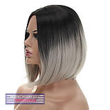 Перука каре без чубчика Sheri AT термоволосся, омбре чорний з переходом в білий колір, фото 5