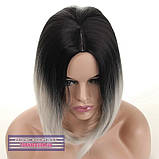 Перука каре без чубчика Sheri AT термоволосся, омбре чорний з переходом в білий колір, фото 3