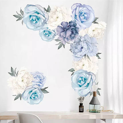 Наклейка на стіну, вікна, дзеркала, шафи "півонії троянди біло-блакитні" 65см*66см (лист 60*60см), фото 2