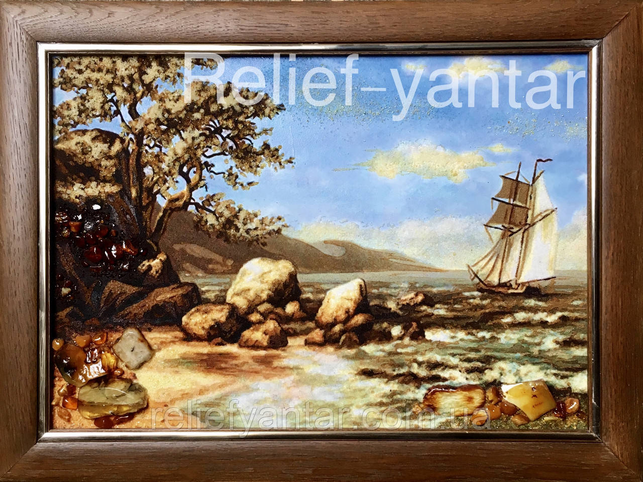 Картина янтарная, морской пейзаж У моря, картина з бурштину Біля моря 30x40 см