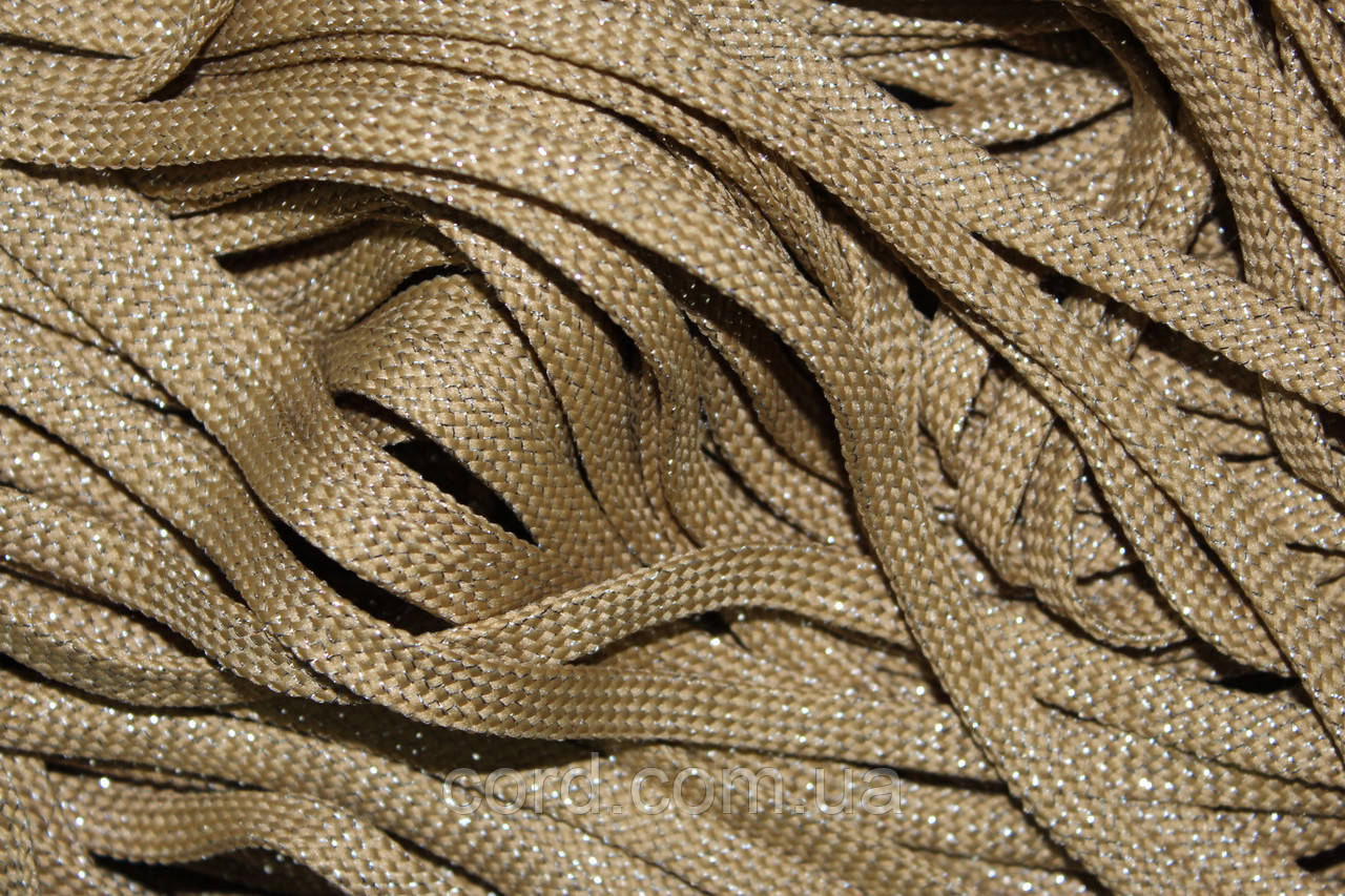 Шнур плоский чехол 8мм темно-бежевий+срібло моток 100м, фото 1