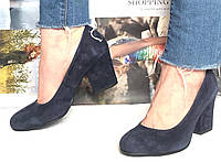 Nona! женские качественные классические туфли замшевые синие взуття на каблуке 7,5 см черевики
