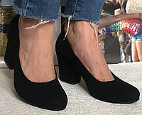 Nona! женские качественные классические туфли замшевые черные взуття на каблуке 7,5 см черевики