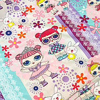 Бязь Gold бавовняна "ляльки Лол фіолетові з квітами" 220см, фото 2